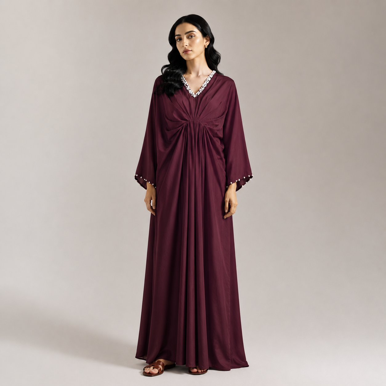 Plum Draped Long Kaftan with Crystal Neckline
